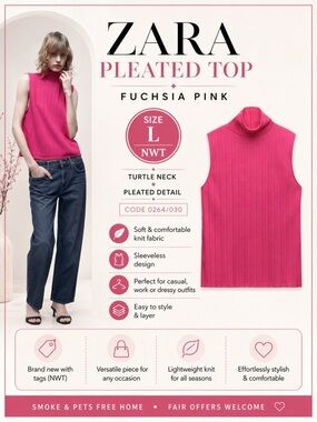 ZARA Fuchsia Pink Pleated Top Size L NWT Sleeveless Mock Neck Ribbed Knit Top